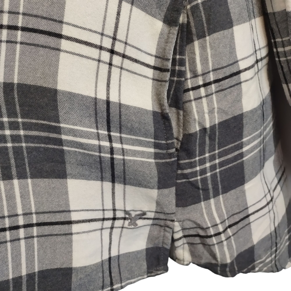 American Eagle Women's White Gray Plaid Check Button Flannel Blouse Size L - Picture 7 of 9
